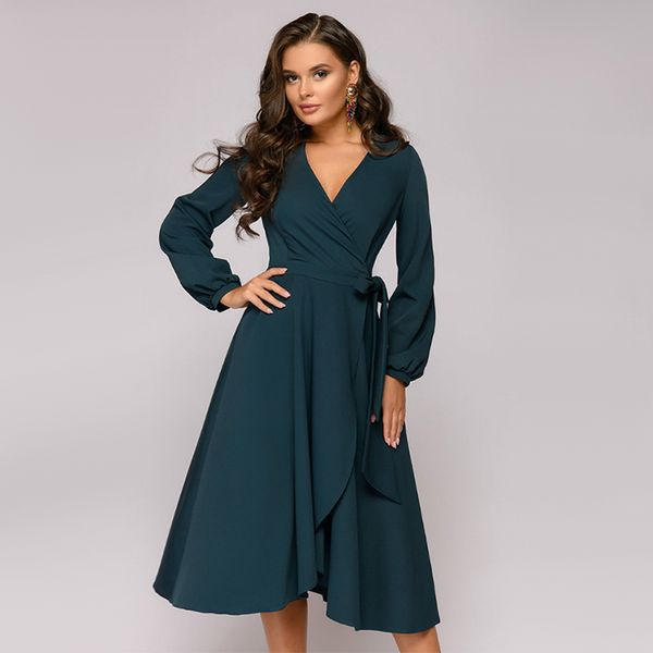 

women casual ruffle a line party dress ladies v neck long sleeve sashes elegant dress 2020 autumn fashion women sexy, Black;gray