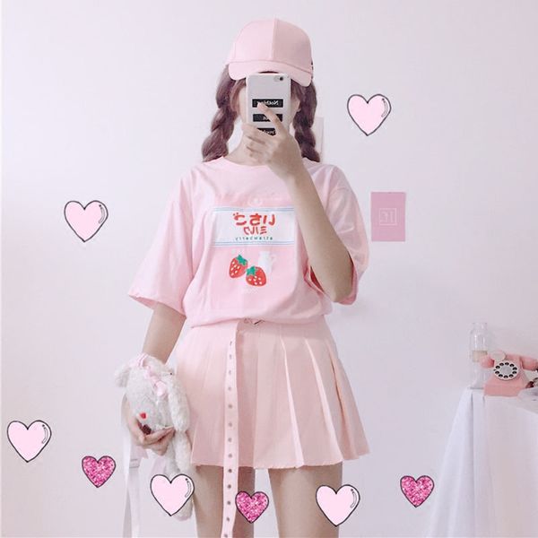 

harajuku milk strawberry graphic t shirt summer soft sister female cute kawaii t-shirts short sleeve teenager girl pink tee, White