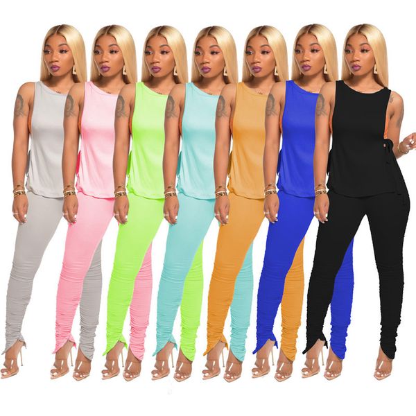 

summer women tie-dye solid tracksuit sleeveless lace up tees + zipper plicated skinny pants two-piece clothing suit sport clothes d71402, White