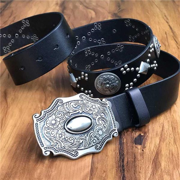 

genuine leather cowboy belt buckle vintage metal rivet punk white belts for men punk rock jeans belt men ceinture homme mbt0171, Black;brown