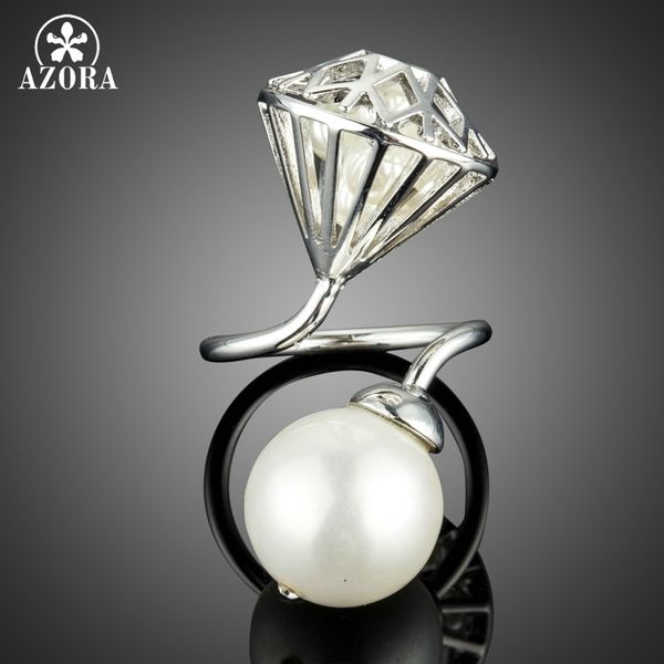 

azora big imitation pearl with hollow stone net filled with tiny pearls adjustable size rings tr0168, Golden;silver