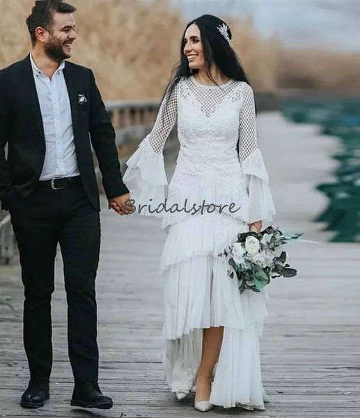 

crochet lace boho свадебные платья русалка многоуровневое long beach свадебное платье в стиле кантри backless белл рукава o шеи шифон кнопка, White