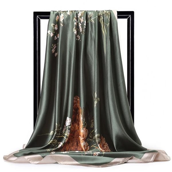 

silk scarf women print hair neck square scarves office ladies shawl bandanna 90*90cm muslim hijab handkerchief muffler foulard, Blue;gray