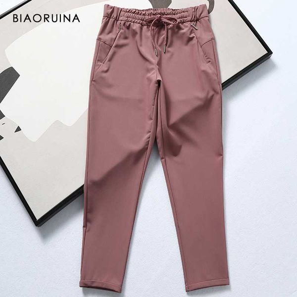 

biaoruina women's quick-drying solid color elastic mid waist ankle-length pants active wear female casual basic thin trousers, Black;white