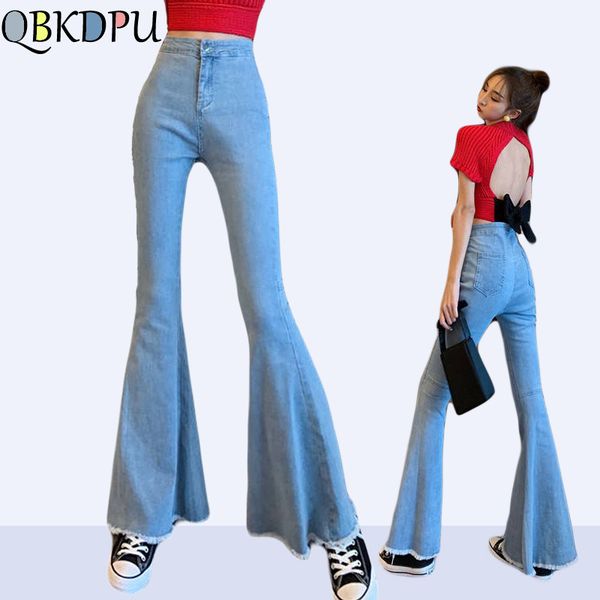 

stretching high waist flare jeans women fashion tassel bell bottom blue skinny denim pants retro trousers female streetwear
