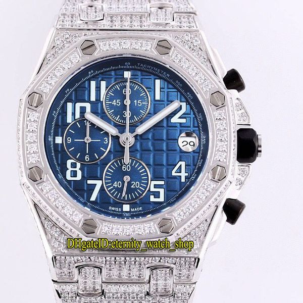 Migliore versione RF Iced Out Full Diamonds Cassa in acciaio Royal 26170TI 26170ST 26470 Quadrante blu Giappone VK Cronografo al quarzo Orologio da uomo Orologi sportivi