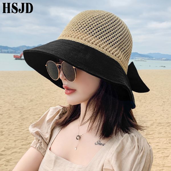 

2020 new bow sun hat cap wide brim floppy summer hats for women beach panama straw dome bucket hat hollow out visor bonnet y200716, Blue;gray