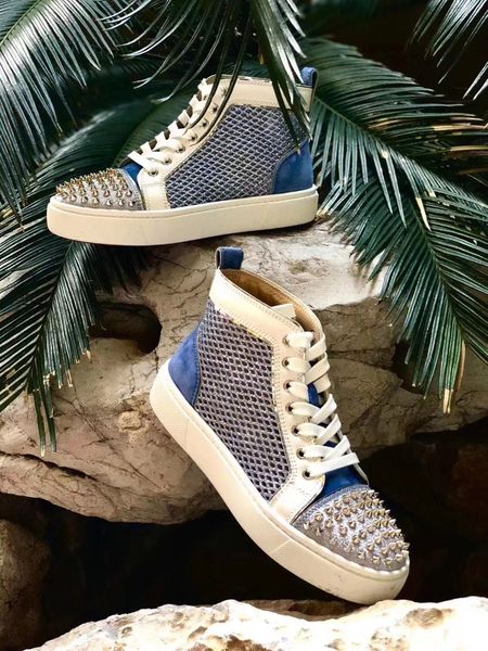

original box] new designer mens red bottom shoes with women sneaker man ac loulou spikes sneakers mesh leather casual flats, Black
