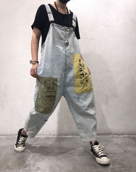

march new summer style old suspender pants letter patch stitching large size and jeans sling jeans with holes, Blue