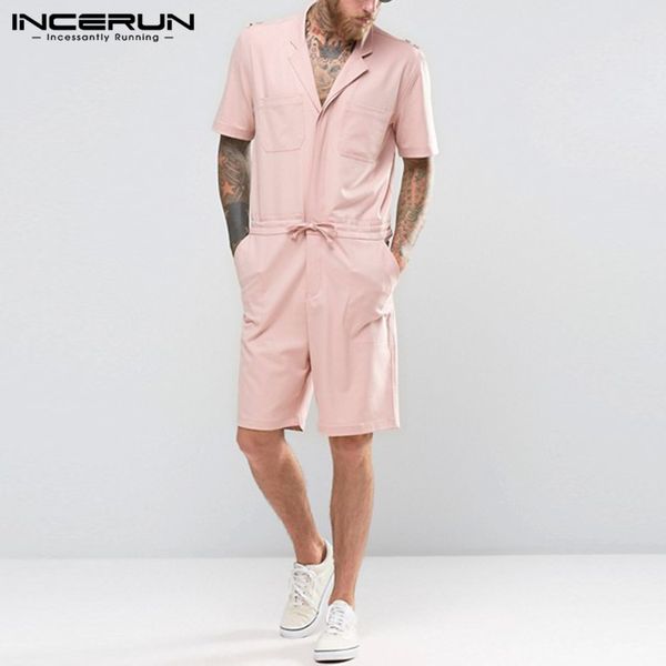 

men's shorts incerun men rompers cargo overalls joggers solid streetwear lace up short sleeve lapel fashion casual jumpsuits s-5xl, White;black