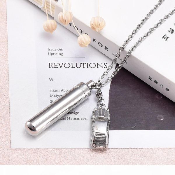 

hollow cylinder with car shape cremation memorial jewelry for ash stainless steel simple design, Silver