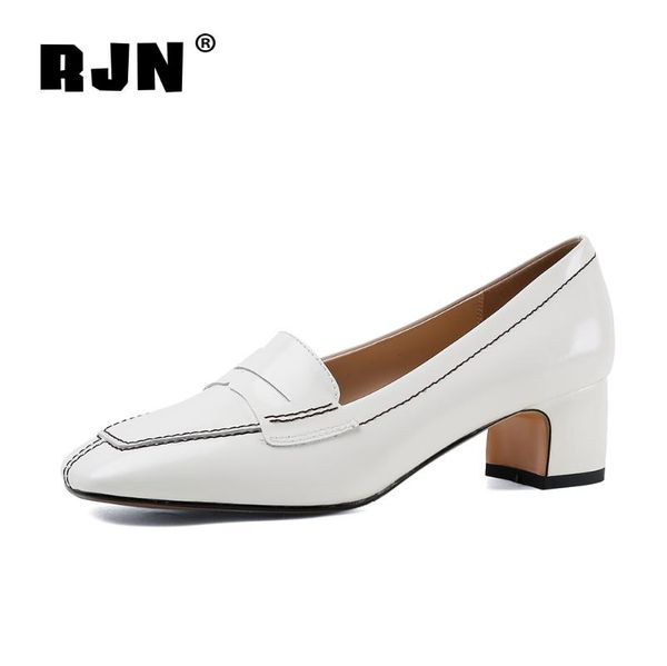 

rjn new stylish pumps classic square toe mid-heel handmade sewing genuine leather women shoes elegant autumn pumps black ro232