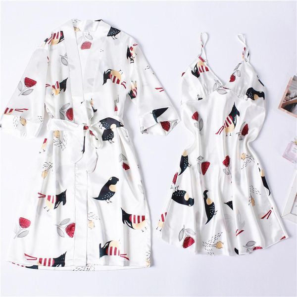 

women white print robe set satin2pcs sleepwear silky nighty&robe set casual intimate lingerie 2020 summer new homewear, Black;red