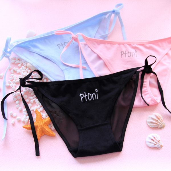 

lace panties women's panties micro-transparent briefs ladies tie with low waist cotton lingerie women's underpants, Black;pink