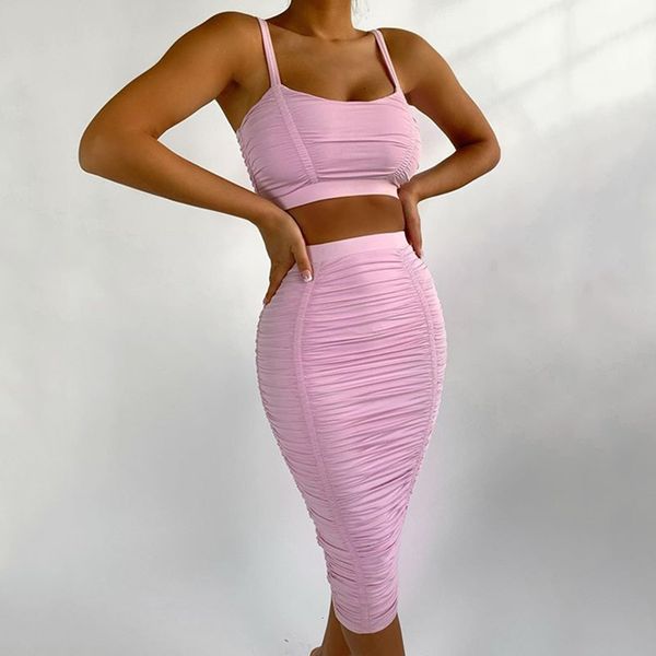 

townlike 2020 pink pleated backless party two piece set crop and midi skirts summer set 2 piece women outfits, White