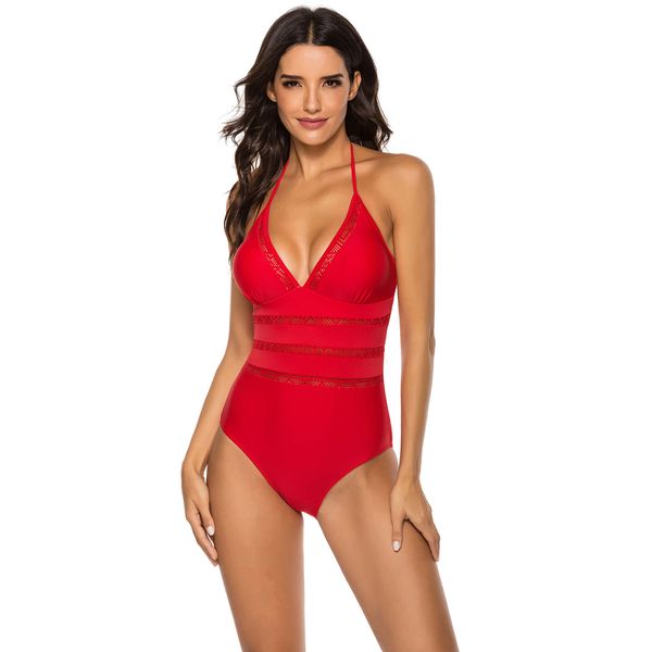 

2020 european and american girls plain mesh mesh breathable stitching series one piece swimsuit, White;black