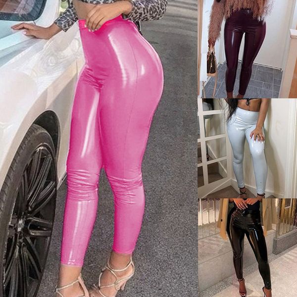 

women pu leather legging pants skinny elastic high waist lady legging slim fitness ankle faux leather pants leggins mujer, Black