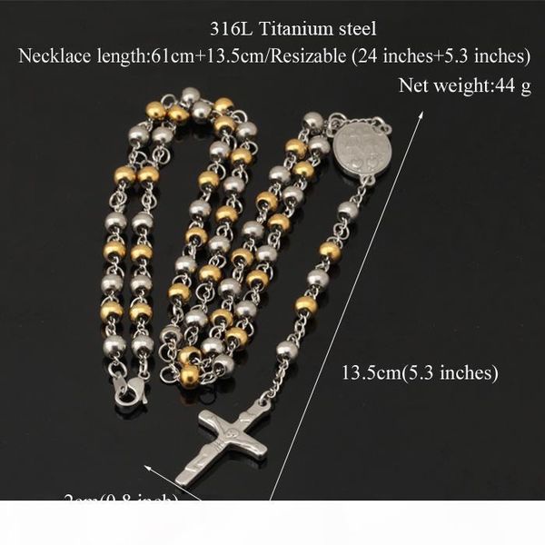 

long necklace new trendy 18k real gold plated titanium steel women men jewelry wholesale cross rosary pendant necklace, Silver