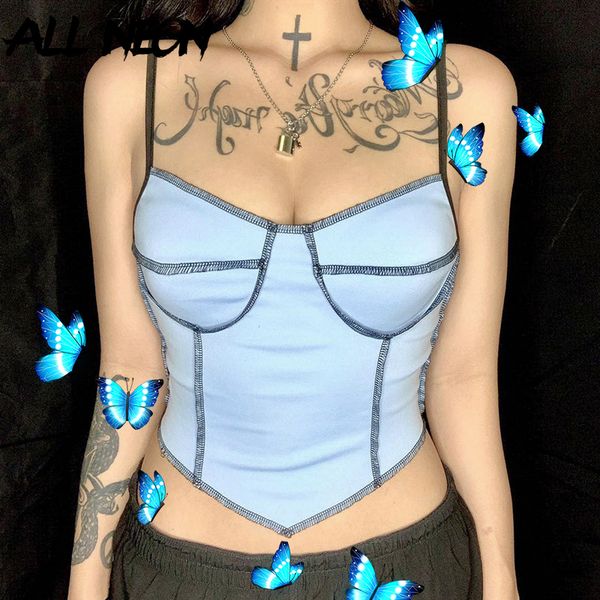 

allneon e-girl vintage spaghetti strap stitch summer cami y2k fashion backless party solid blue crop clubwear, White