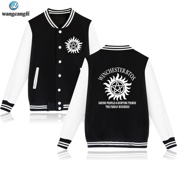 

supernatural baseball jackets bomber jacket men women sweatshirt winchester brothers casual hoodies uniform outwear coat, Black