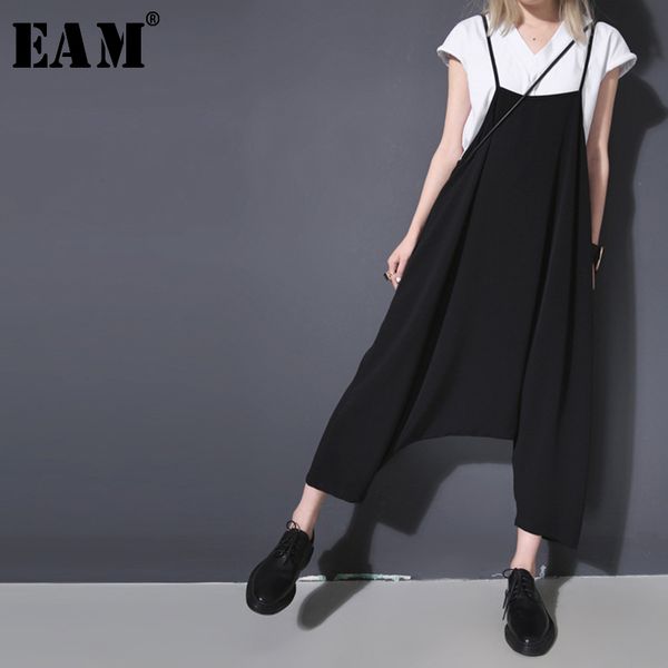 

eam] 2020 new spring autumn high waist bruef strap black big size loose wide leg pants women jumpsuit fashion tide jr710, Black;white