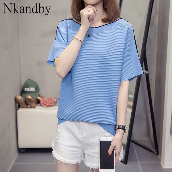 

plus size slash neck knitted women 2020 summer loose short sleeve korean t-shirts female oversized trendy knit tshirts, White