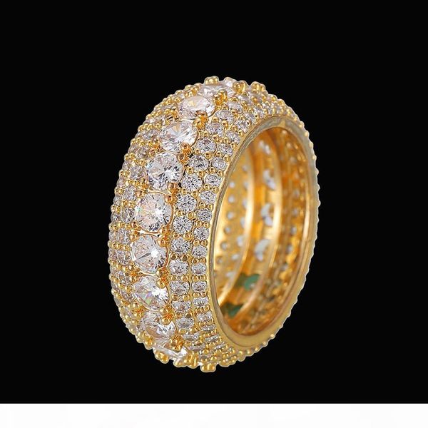 

5 row solid men's ring 18k copper charm gold silver color ice out cubic zircon iced ring fashion hip hop jewelry, Golden;silver