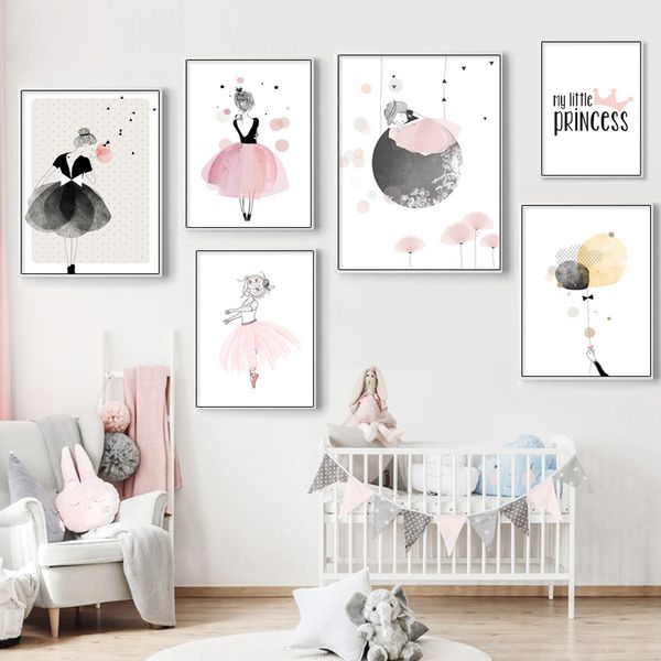 

nursery pink watercolor bellet dancing girls wall art canvas poster and print cartoon painting pictures girl bedroom decoration