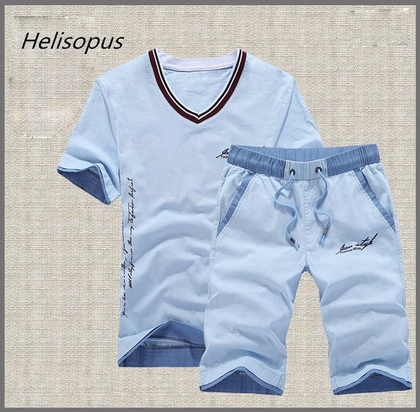 

helisopus 2020 summer mens tracksuit sets short sleeve t-shirt casual shorts suit fashion casual v-neck linen two pieces set, Gray