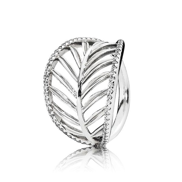 

authentic ale 925 sterling silver tropical palm leaf ring new luxury designer jewelry women clear cz stones statement rings with pandora box, Slivery;golden