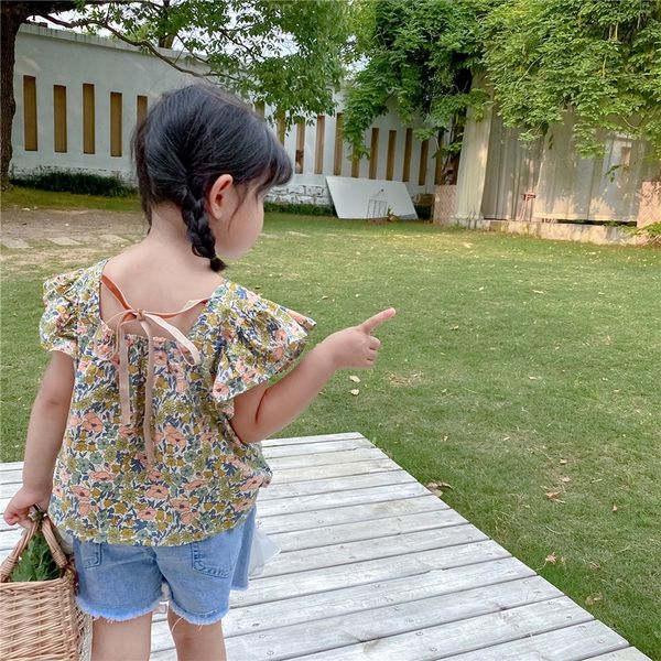 

niu xiaopu 2020 korean style girls' summer yellow floral flying sleeve back tie doll shirt doll shirt pastoral style, White;black