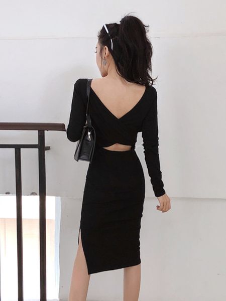 

2020 autumn new hong kong-style chic style careful machine backless skinny black dress slim dress women, White;black