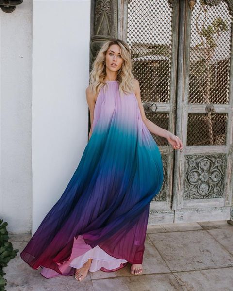 

loose beach dresses famale summer clothes women backless chiffon dress hanging neck gradient sleeveless, Black;gray