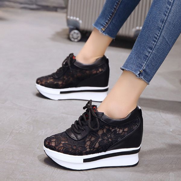 

2018 summer new lace breathable sneakers women shoes comfortable casual woman platform wedge shoes cs01, Black