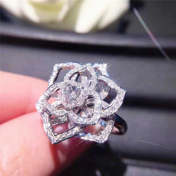 

s925 sterling silver color flower cz zircon bling stone rings for women fashion wedding engagement jewelry party gift 2020, Golden;silver