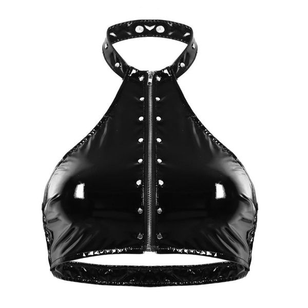 

женская punk pole dance tank tops wetlook лакированной кожи холтер шеи backless передний zip up заклепки sexy crop tops партии clubwear, White