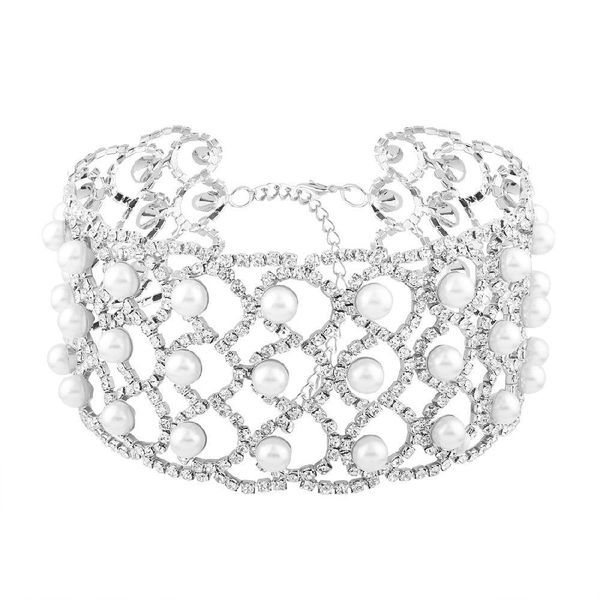 

wholesale elegant wide crystal rhinestone choker necklace women simulated pearls pave chokers fashion jewelry, Golden;silver