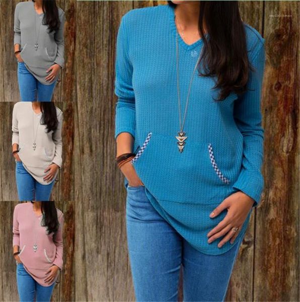 

long sleeve pocket knitting tshirt plus size women clothing autumn casual women knits solid color v neck, White