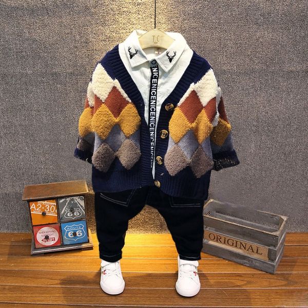 

clothing 2019 new knitted cardigan boy rhombus sweater coat small and medium boy three-piece coatchildren's children's suit cool, Blue