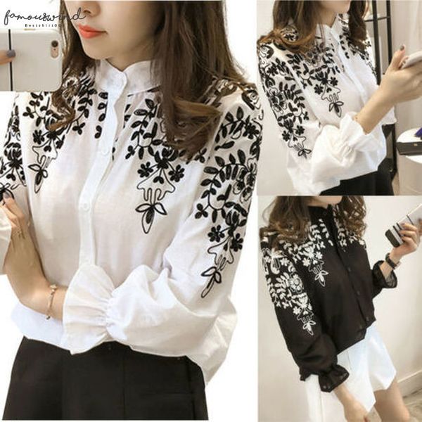 

women long sleeve embroidered printed flower blouse holiday summmer long sleeve white shirt drop shipping