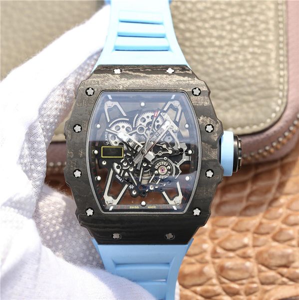 

nt super rm35-02 waterproof watch montre de luxe 43mm carbon fiber case silicone watch band automatic mechanical movement watches, Slivery;brown