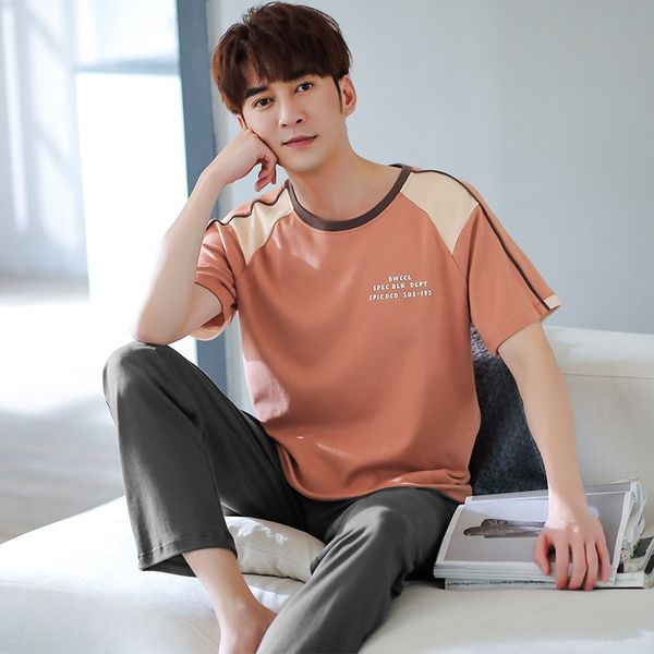 

khq9d yilong 2020 summer new cotton short sleeve round neck men's pajamas trousers youth suit xxxxl clothes home clothestrousers home c, Black;brown