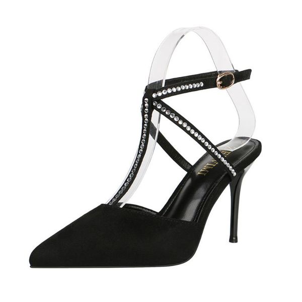 

new summer ladies rhinestone ankle strap pumps suede pointy-toe pump party super high heels stiletto dress shoes 9cm, Black