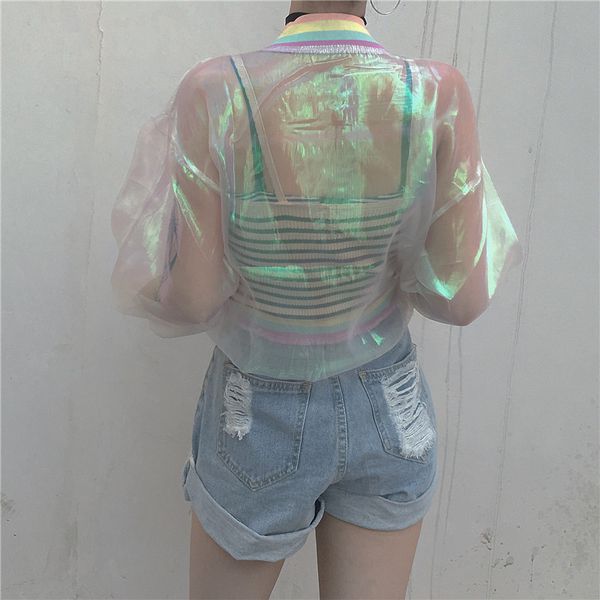 

summer wear new products colorful organza joint rainbow collar versatile loose-fit sun shirt baseball jacket, Black