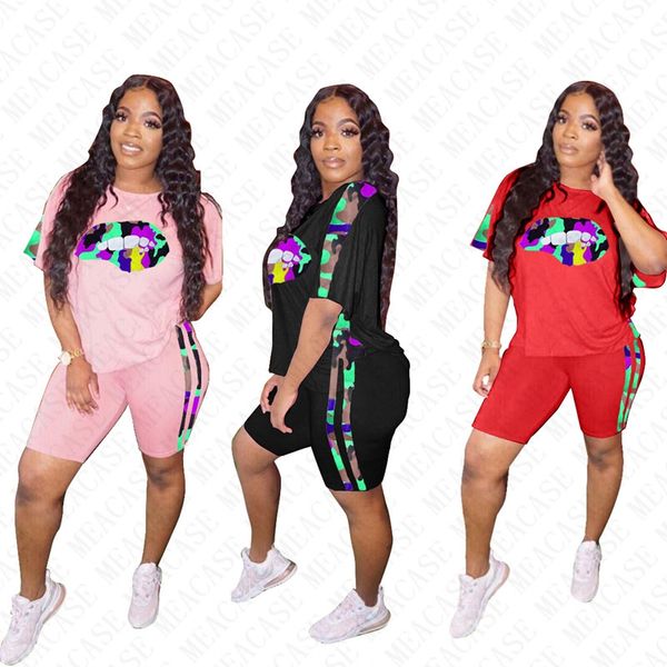 

women tracksuit designer letters camouflage lips print short sleeves t shirt shorts patchwork two pieces outfits sports suit s-4xl d7713, Gray