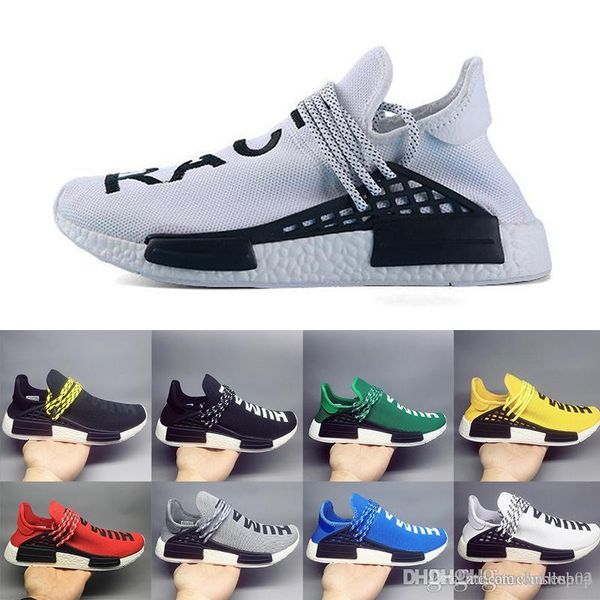 

с коробкой human race след кроссовки мужчины женщины pharrell williams hu runner желтый черный белый красный зеленый серый синий спортивный, Black
