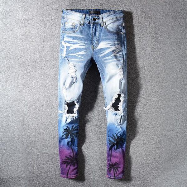 

mens 2020 new casual straight retro a slim skinny jeans fashion ripped men hip hop light blue denim pants designer jeans
