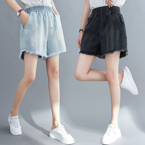

summer fashion brand diamond denim shorts women's shorts pants elastic waist burrs a-shaped wide leg pants fashion, Blue