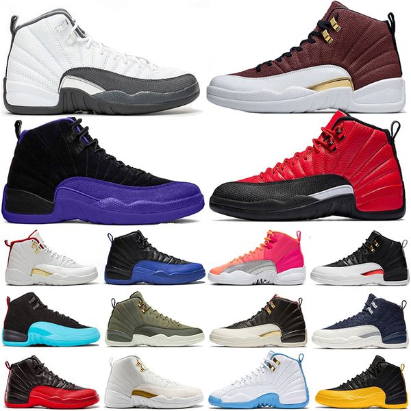 

новейшие 2020 12 камня синего университета золотого reverse flu game dark white men баскетбол обувь 12s плей французский синий спорт кроссов, White;red