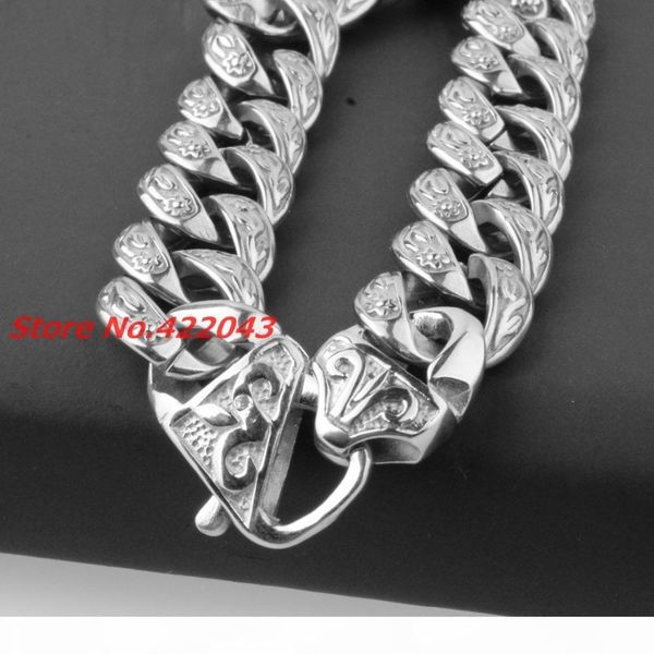 

new fashion mens boy's bangles 15mm solid silver 316l stainless steel cast flower design cuban link chain bracelets 9" jewelry, Golden;silver